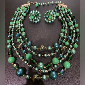 Elegant Vintage Five-Strand Green Beaded Necklace with Clip-on Earrings